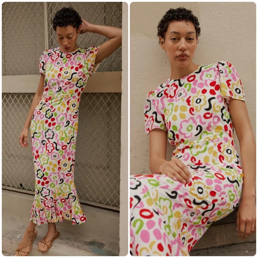 Rhode Lulani Midi Dress Short Sleeve Painted Bloom Multi White Size 0 New